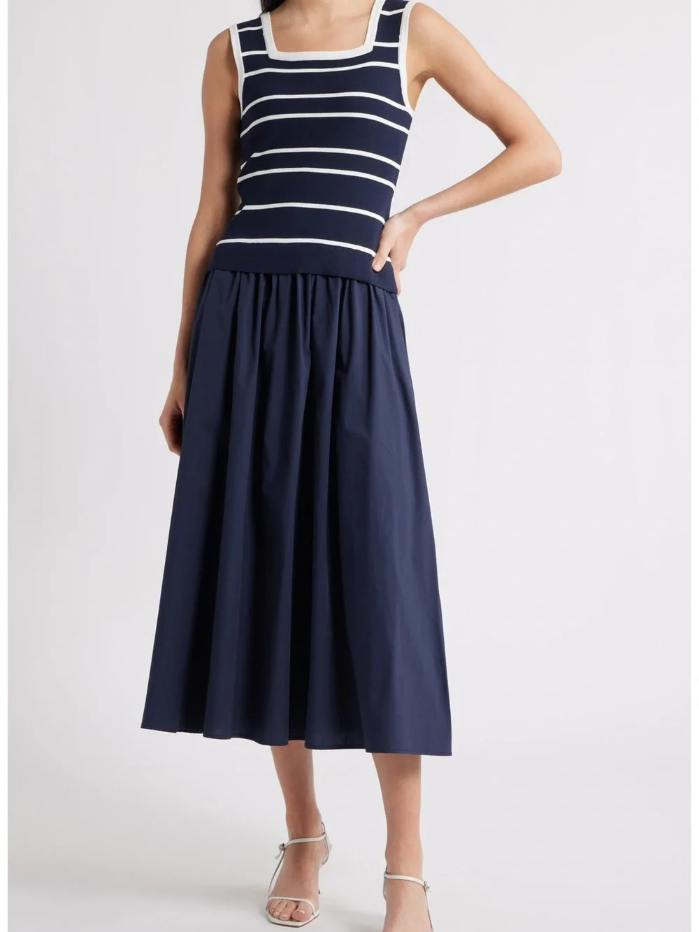 Zoe and Claire Mixed Media Sleeveless Midi Dress in Navy Blue and White - Picture 9 of 11